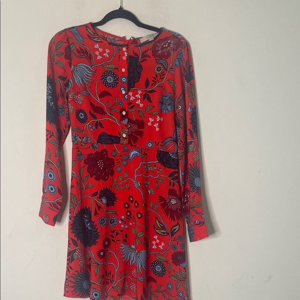 LOFT Red and Blue Floral Long Sleeve Dress